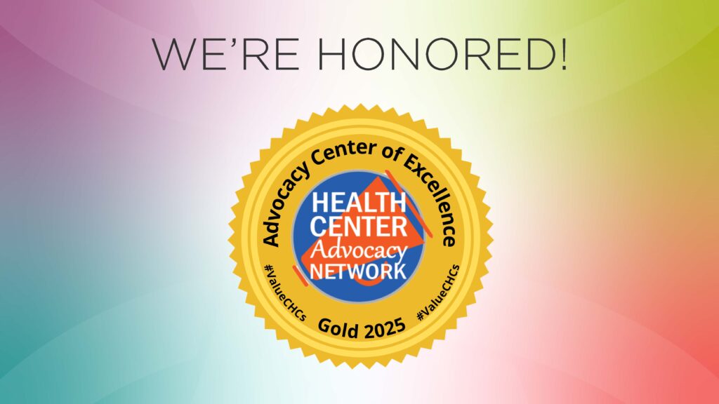 A gold badge logo for the Advocacy Center of Excellence is in the middle of a pastel background with "We're honored" emblazoned above.