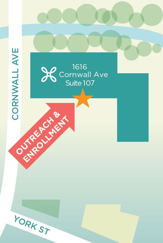 A map with an arrow pointing to the location of the front entrance at 1616 Cornwall where Outreach & Enrollment offices in suite 107 can be accessed. 