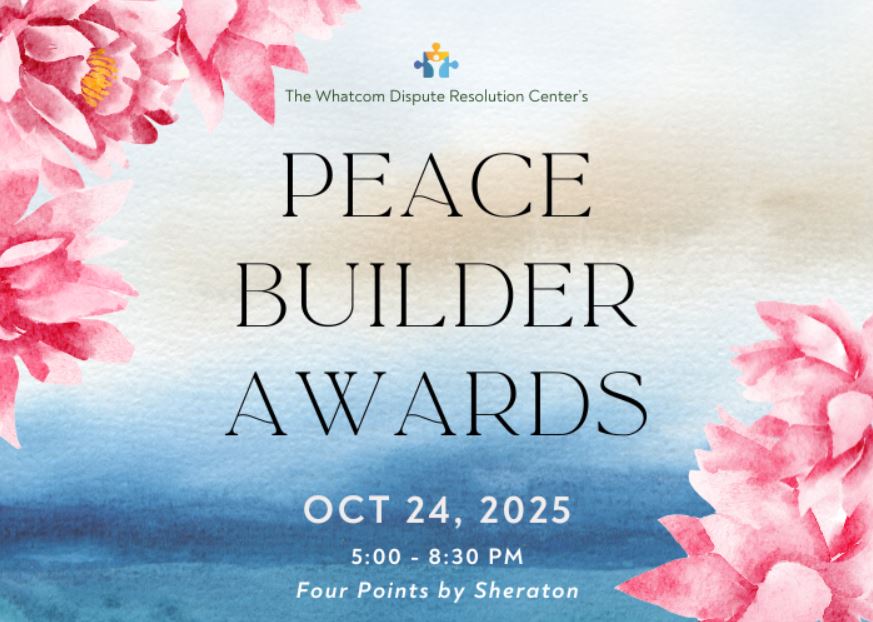 Pink Flowers frame an invitation on a blue watercolor background to the Peace Builder Awards October 24 2025