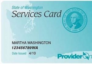 A blue Services Card with the state of and seal of Washington in a darker blue
